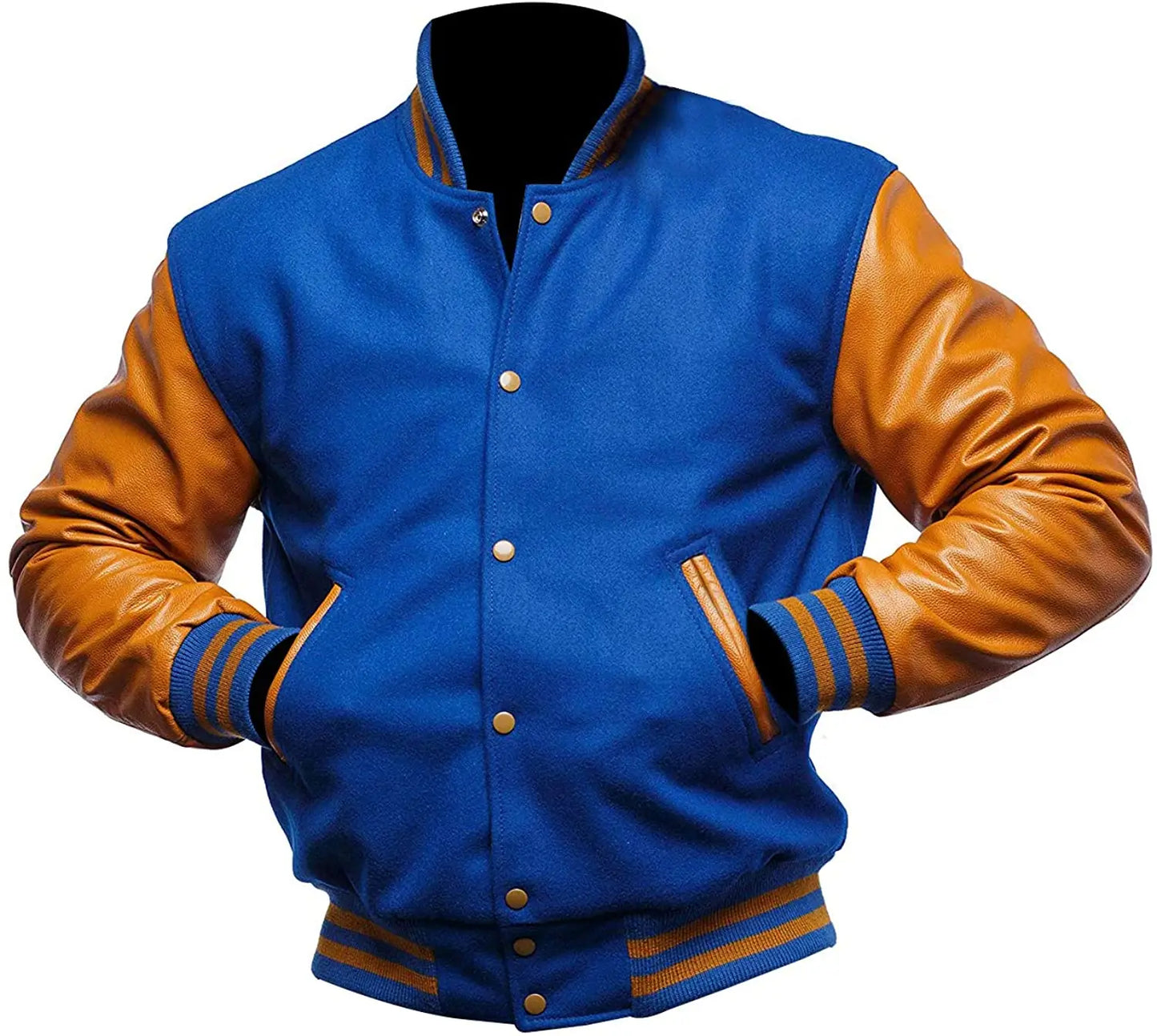 Blue and brown varsity jacket on a white background