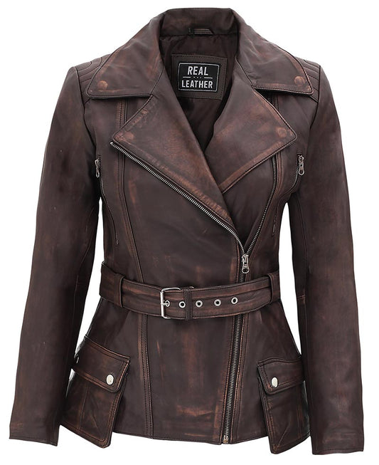 Brown leather jacket with a belt and visible 'Real Leather' label on a white background
