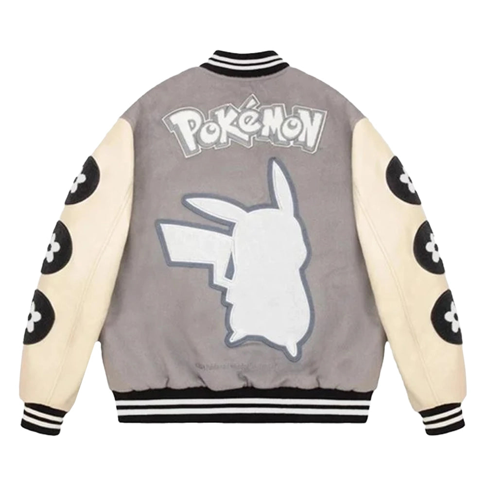 Gray and cream jacket with Pokémon logo and Pikachu silhouette on a white background