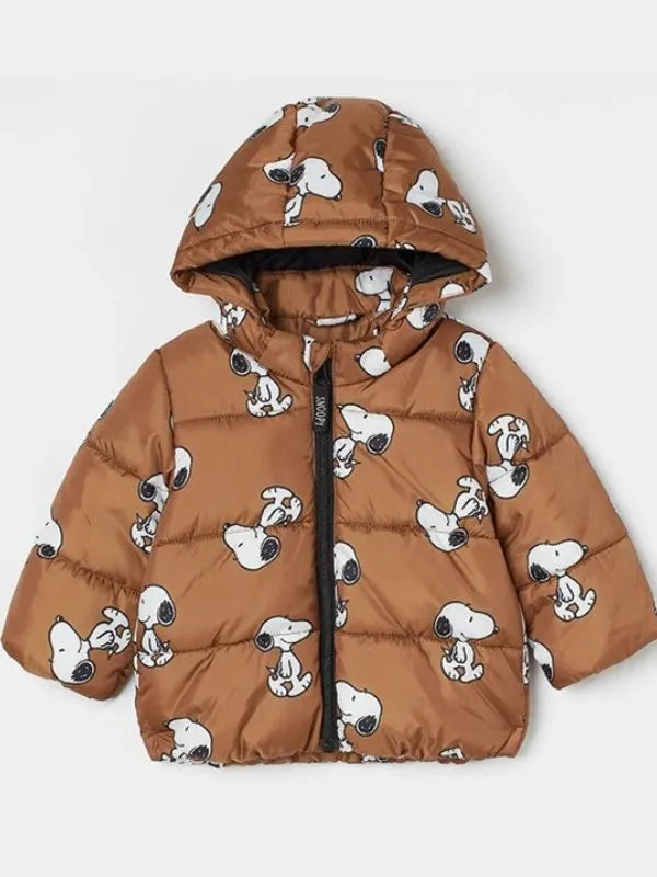 snoopy in a puffer jacket with dog pattern on a white background