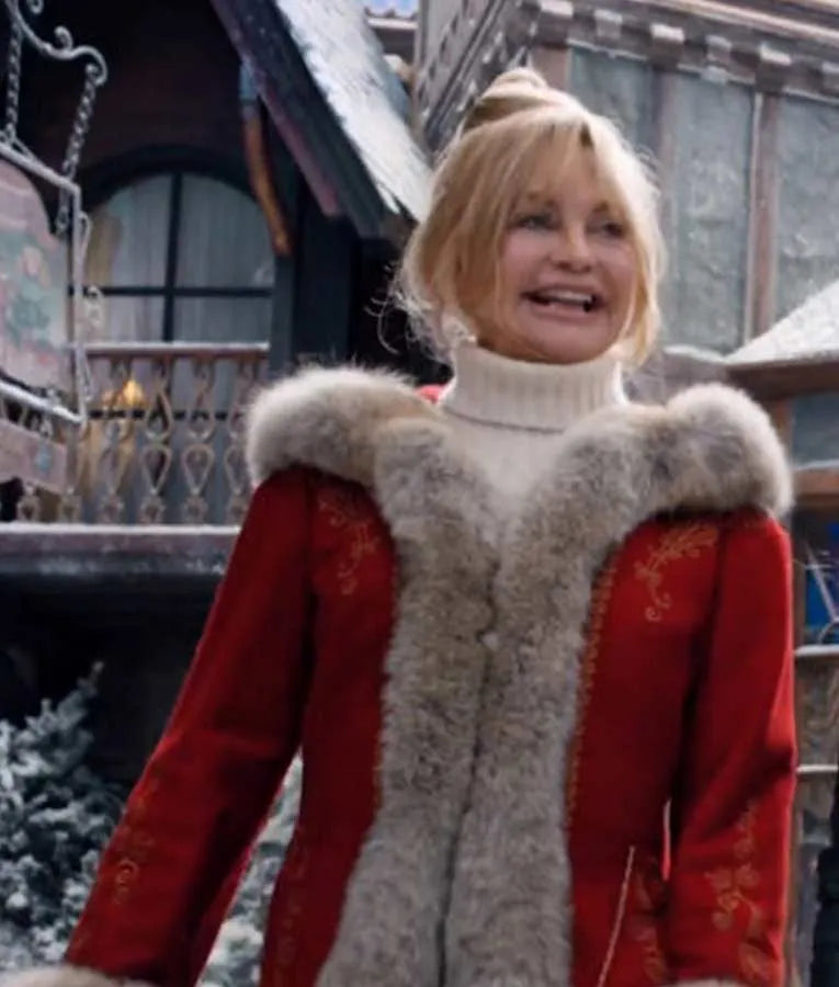 Close view of Red The Christmas Chronicles Mrs Claus-Goldie Hawn Red Coat, featuring the hood and fur trim.