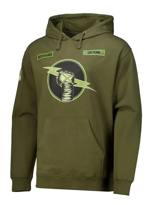 Front view of the official CM Punk "Best in the World" olive drab hoodie, showcasing the central fist graphic and the chest and shoulder patches.
