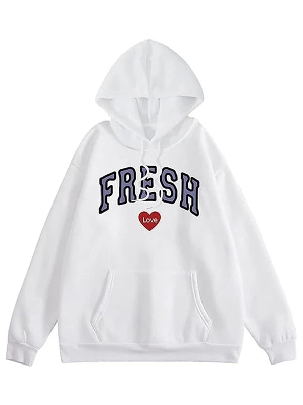 White hoodie with 'FRESH' text and a red heart on a white background