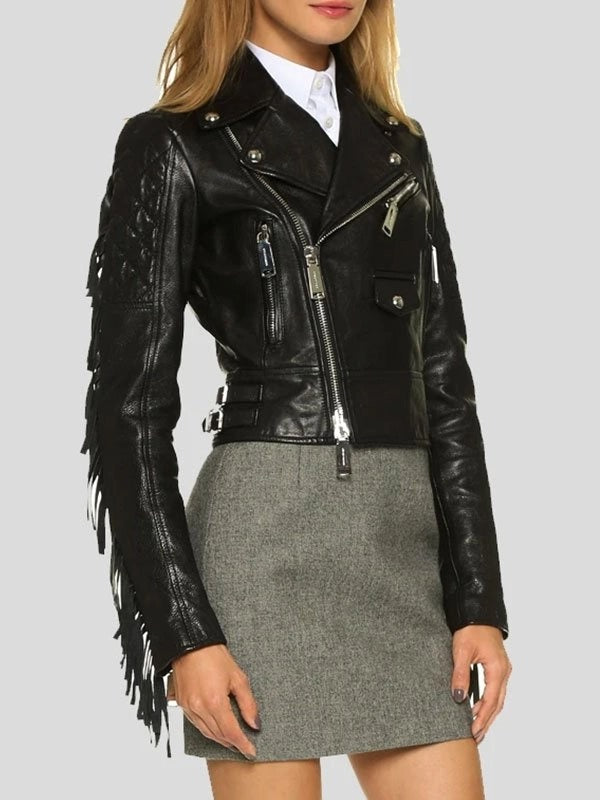Women’s Black Cropped Leather Motorcycle Jacket With Fringe
