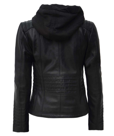 Helen Womens Black Leather Jacket with Hood
