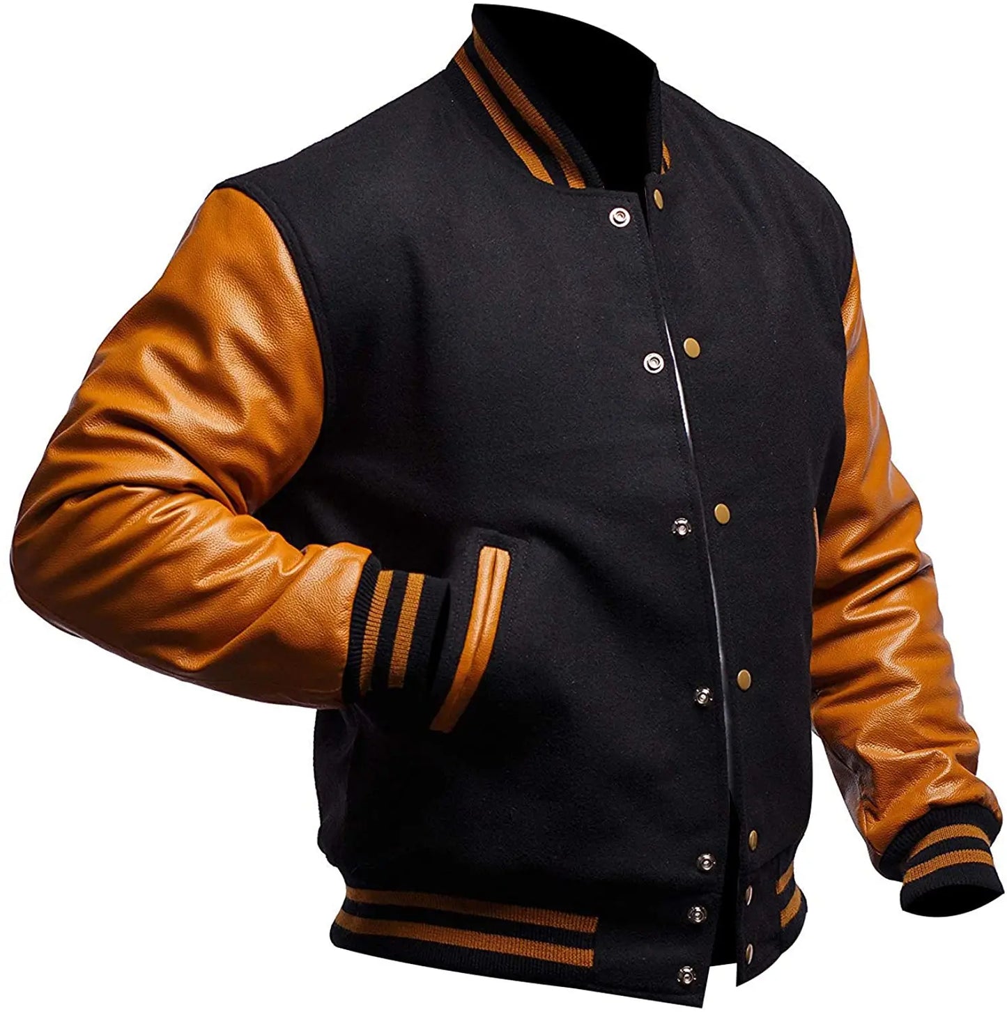 Black and brown varsity jacket with leather sleeves on a white background