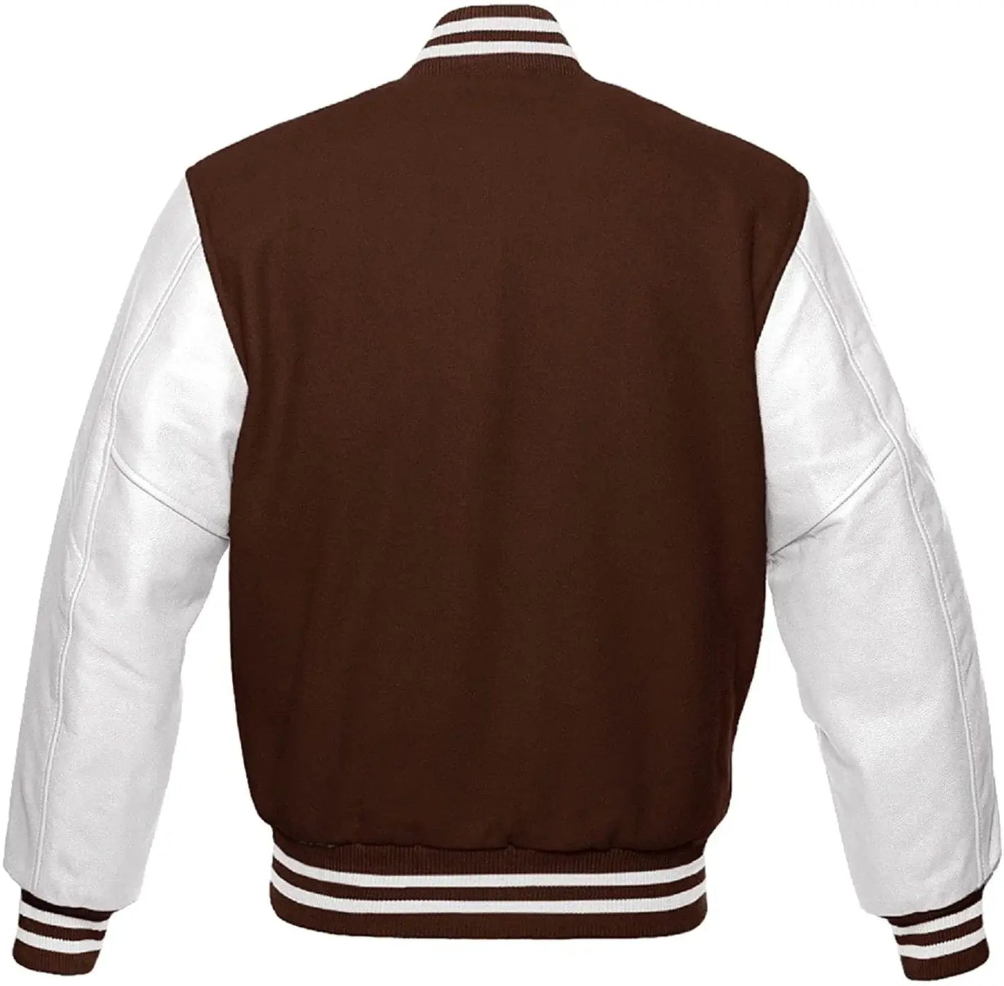 Brown and white varsity jacket on a white background