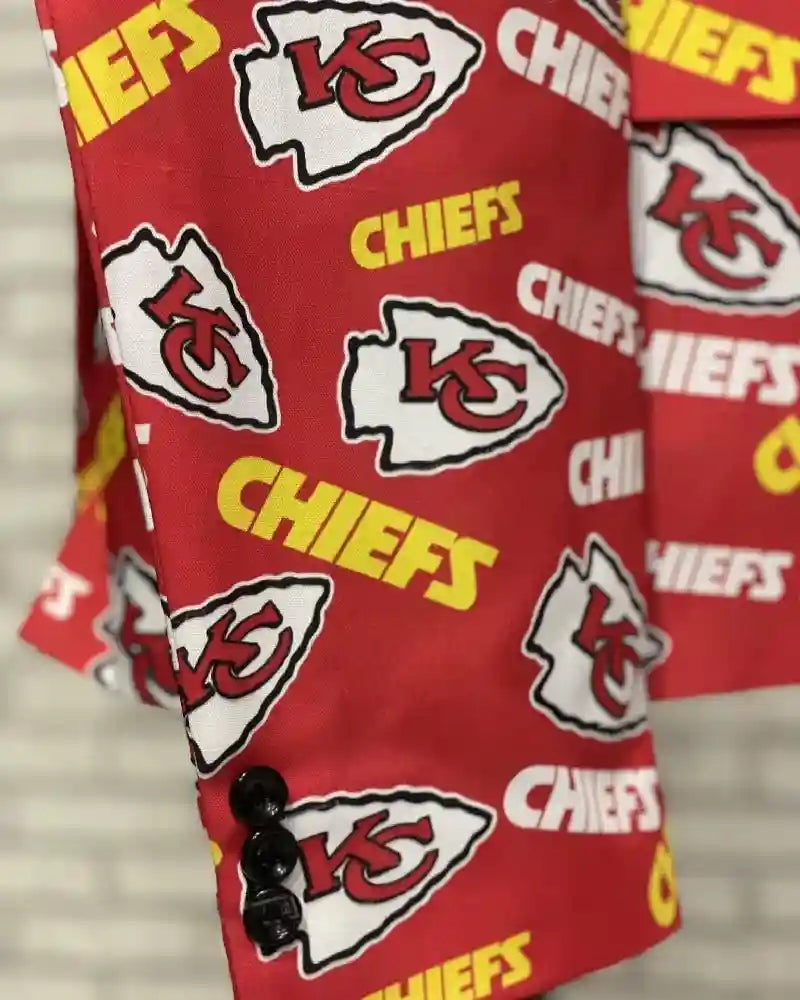 Close-up detail of the cuff and buttons on the Red and White Kansas City Chiefs Blazer.