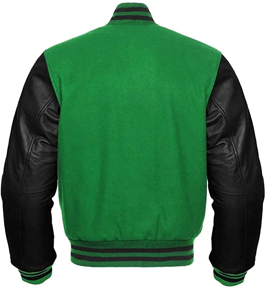 Green varsity jacket with black sleeves on a white background