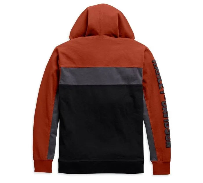 Back view of Harley-Davidson Copperblock zip hoodie with sleeve text.