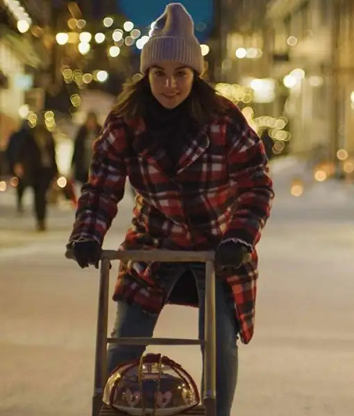 Red Plaid Home For Christmas Ida Elise Broch Jacket on a sled. Great for the holidays!