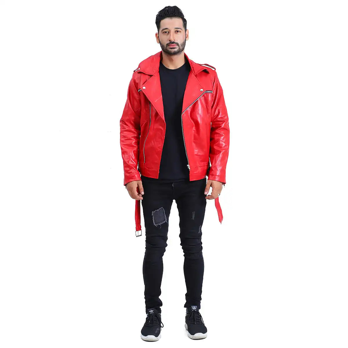 Full view of Mens Biker Negan Red Leather Jacket with asymmetrical zipper