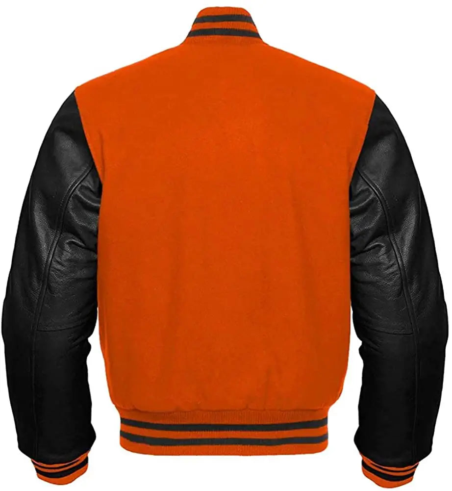 Orange varsity jacket with black leather sleeves on a white background