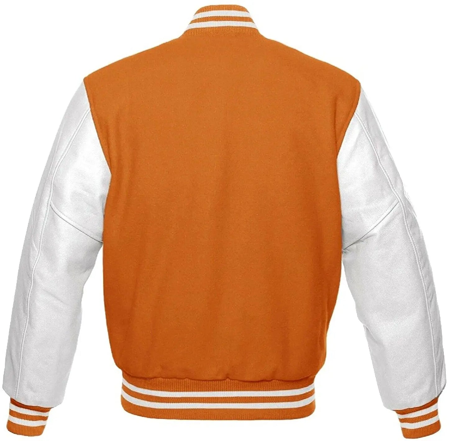 Orange and white varsity jacket on a white background