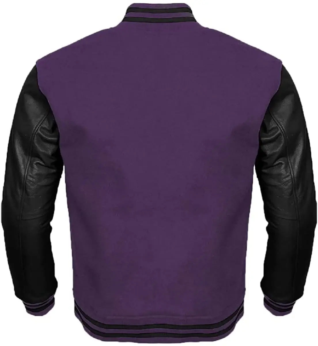 Purple varsity jacket with black leather sleeves on a white background
