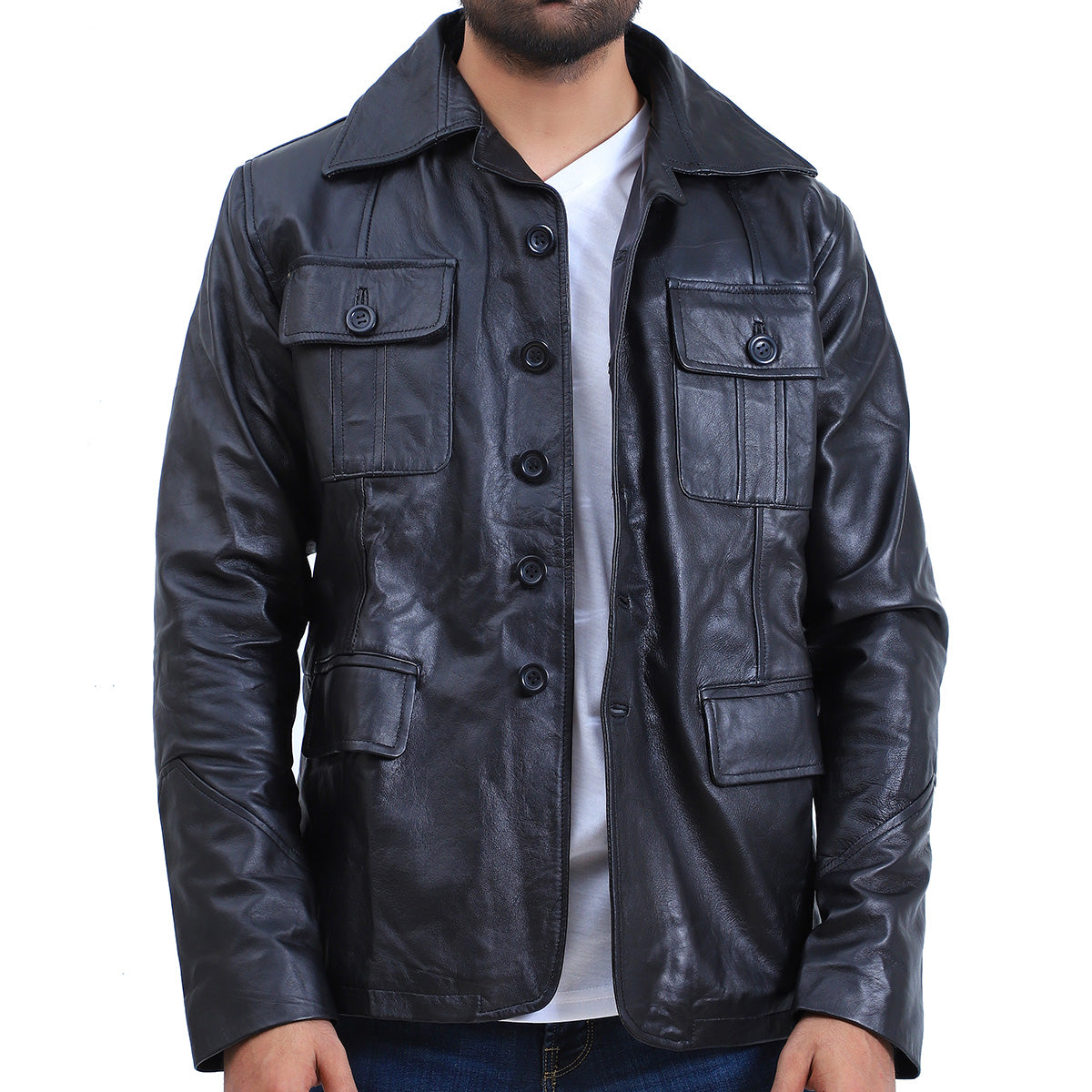 Men's 5 Button Black Leather Coat