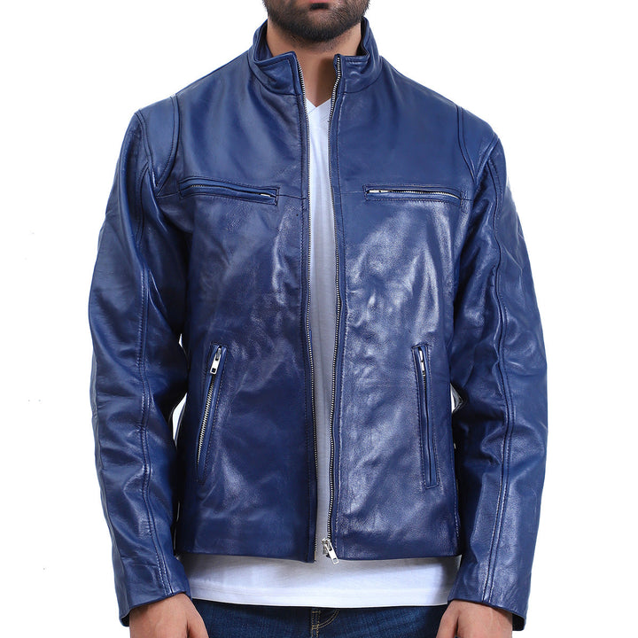 Men's Cafe Racer Blue Biker Jacket
