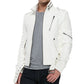 Man wearing a white leather jacket over a gray shirt on a white background