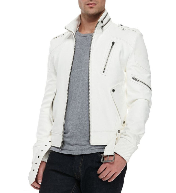 Man wearing a white leather jacket over a gray shirt on a white background