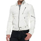 White leather jacket worn by a person on a white background