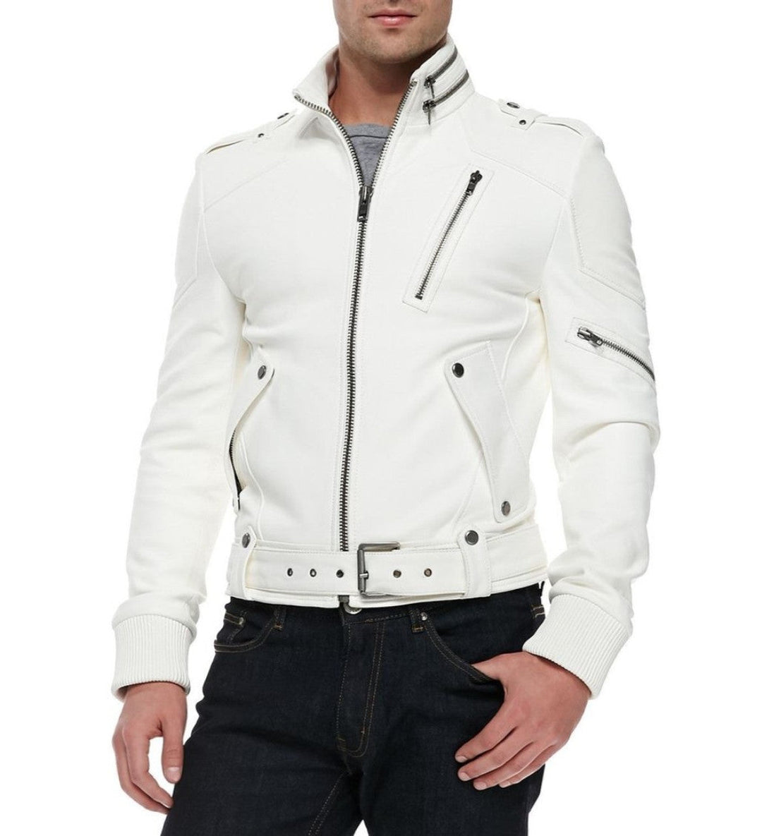 White leather jacket worn by a person on a white background