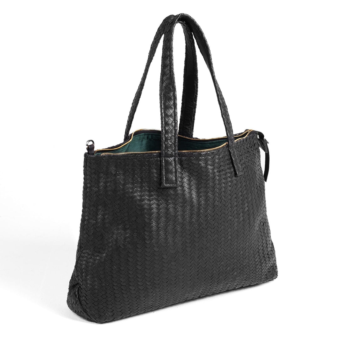 Handmade Woven Original Leather Bag With Zipper-Black - Image 1
