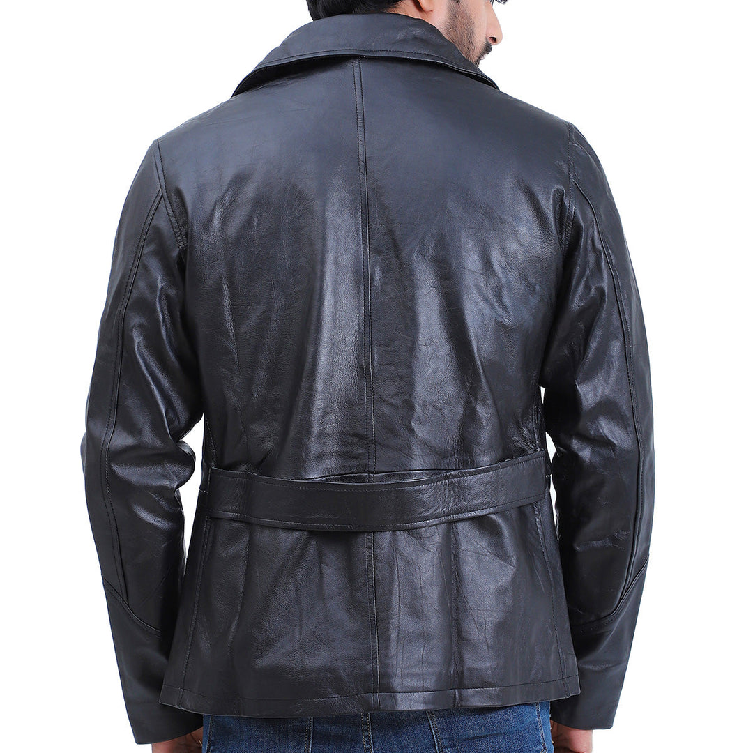 Men's 5 Button Black Leather Coat