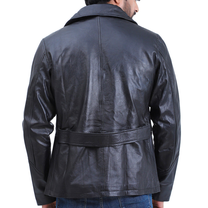 Men's 5 Button Black Leather Coat