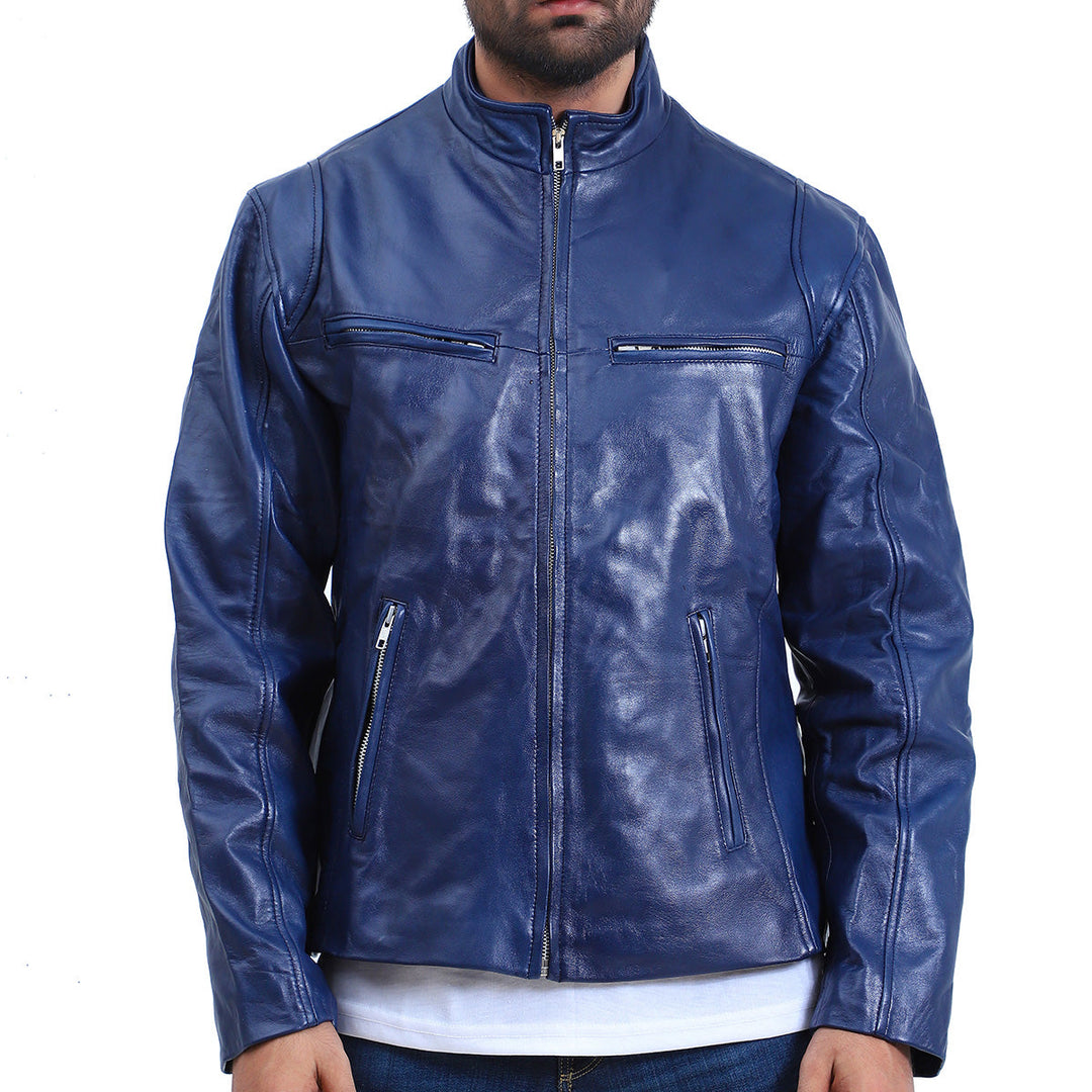 Men's Cafe Racer Blue Biker Jacket