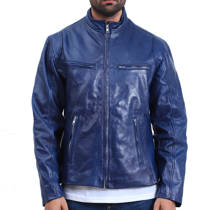 Men's Cafe Racer Blue Biker Jacket