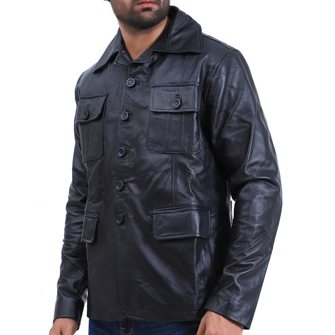 Men's 5 Button Black Leather Coat