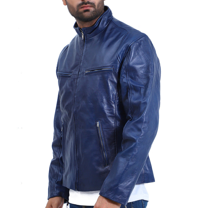 Men's Cafe Racer Blue Biker Jacket