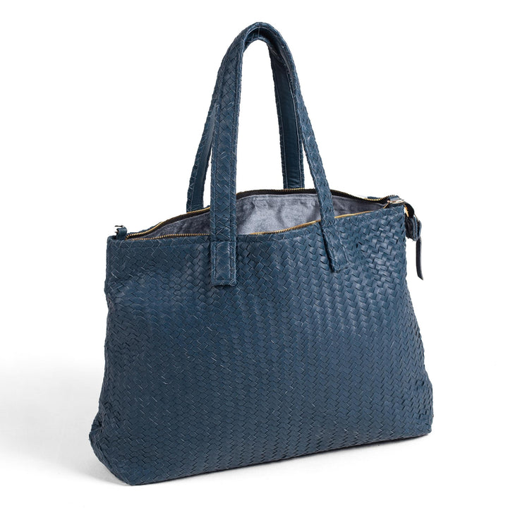 Handmade Woven Original Leather Bag With Zipper-Blue - Image 1