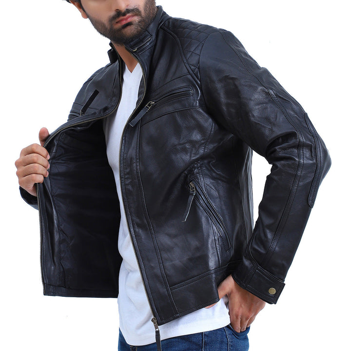 Men's Quilted Cafe Racer Biker Leather Jacket