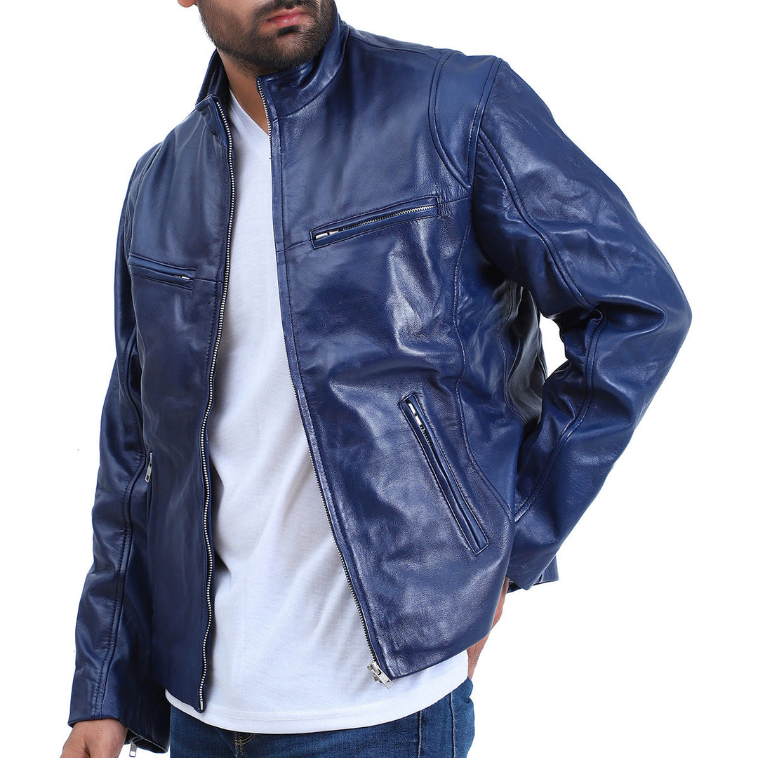 Men's Cafe Racer Blue Biker Jacket