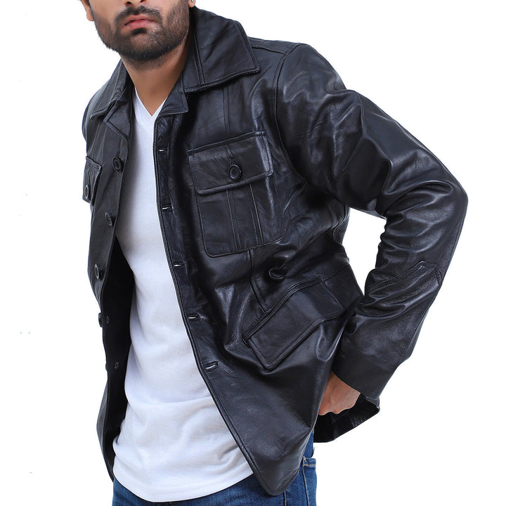 Men's 5 Button Black Leather Coat
