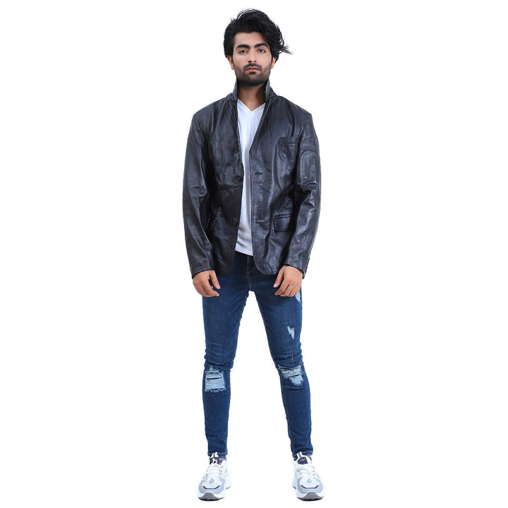 Men's 2 Button Black Leather Coat