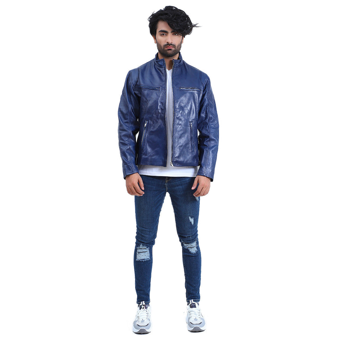 Men's Cafe Racer Blue Biker Jacket