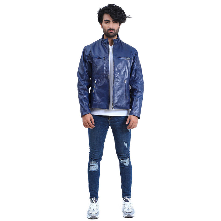 Men's Cafe Racer Blue Biker Jacket
