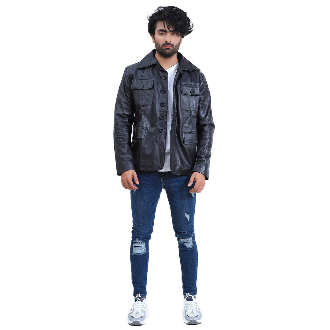 Men's 5 Button Black Leather Coat