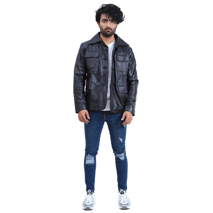 Men's 5 Button Black Leather Coat