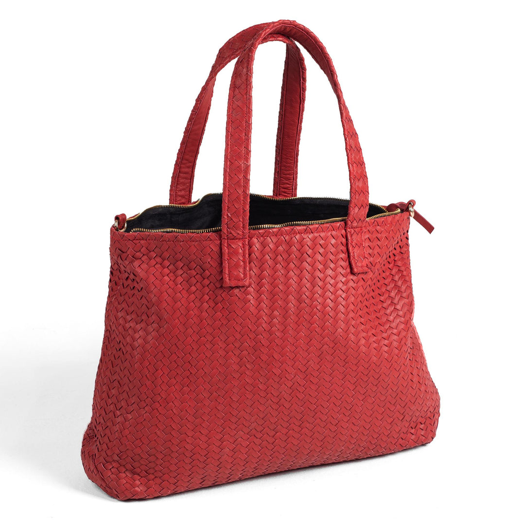 Handmade Woven Original Leather Bag With Zipper-Red - Image 1