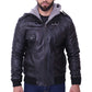 Men Grey Removable Hood Black Leather Jacket