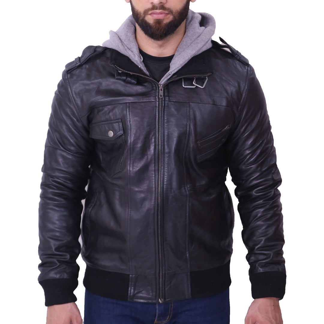 Men Grey Removable Hood Black Leather Jacket