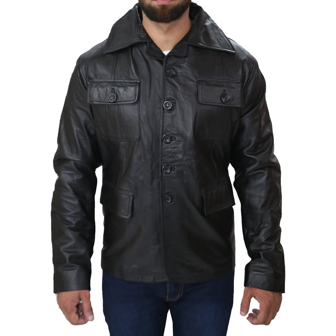 Men's Fashion Black Blazer Genuine leather Coat