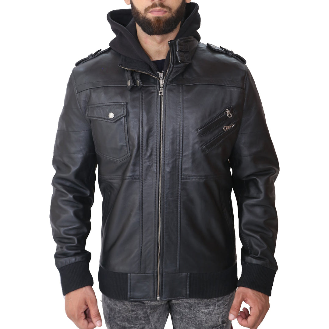 Black leather jacket with a hood on a white background