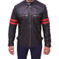Men's Black Cafe Racer Red Strip Lambskin Leather Jacket
