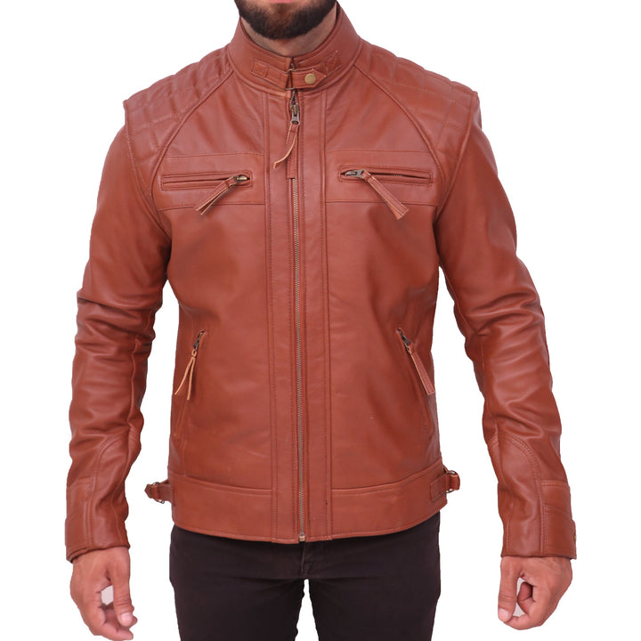 Quilted Men's Brown Vintage Moto Riding Leather Jacket