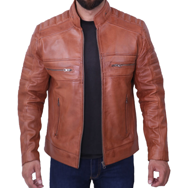 Mens Cafe Racer Brown Leather Jacket