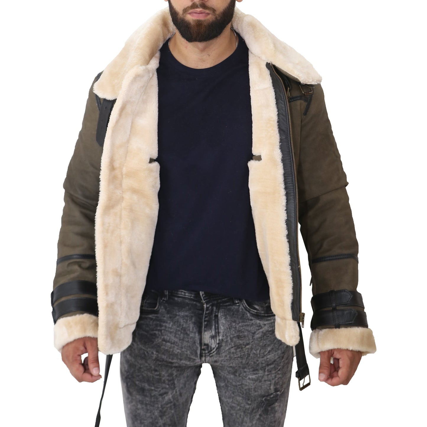 Aviator Bomber Men's Green Leather Jacket with Faux fur